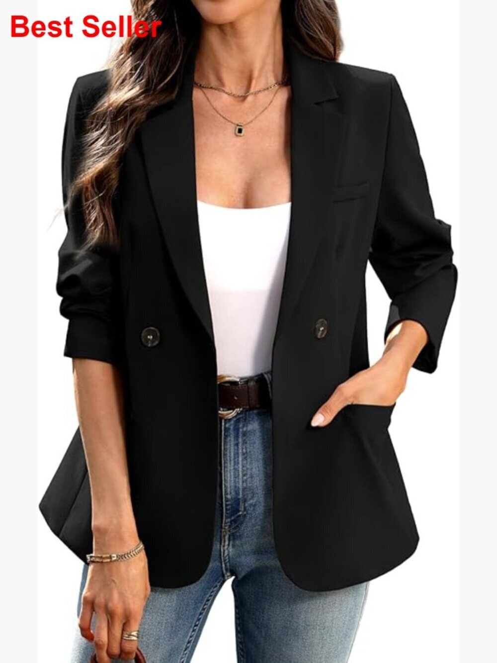 Double-Breasted Blazer with Notch Lapel and Pockets